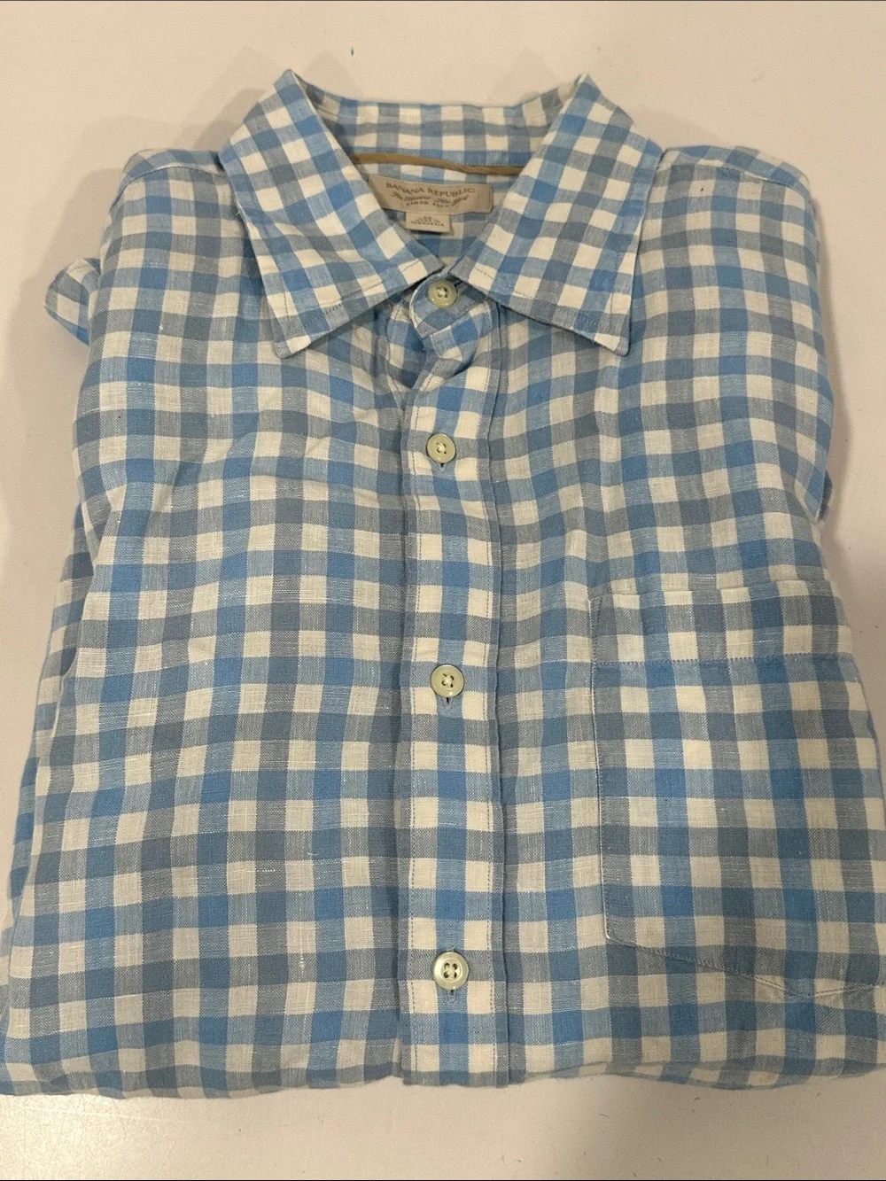 Banana Republic Linen Blue and White Gingham Button-Down Shirt